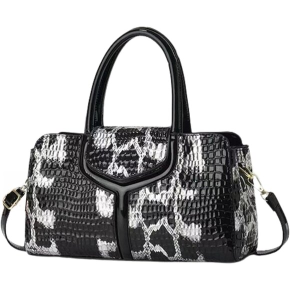 Black and White Crocodile Pattern Faux Leather Top Handle Satchel with Detachabl - Picture 1 of 6